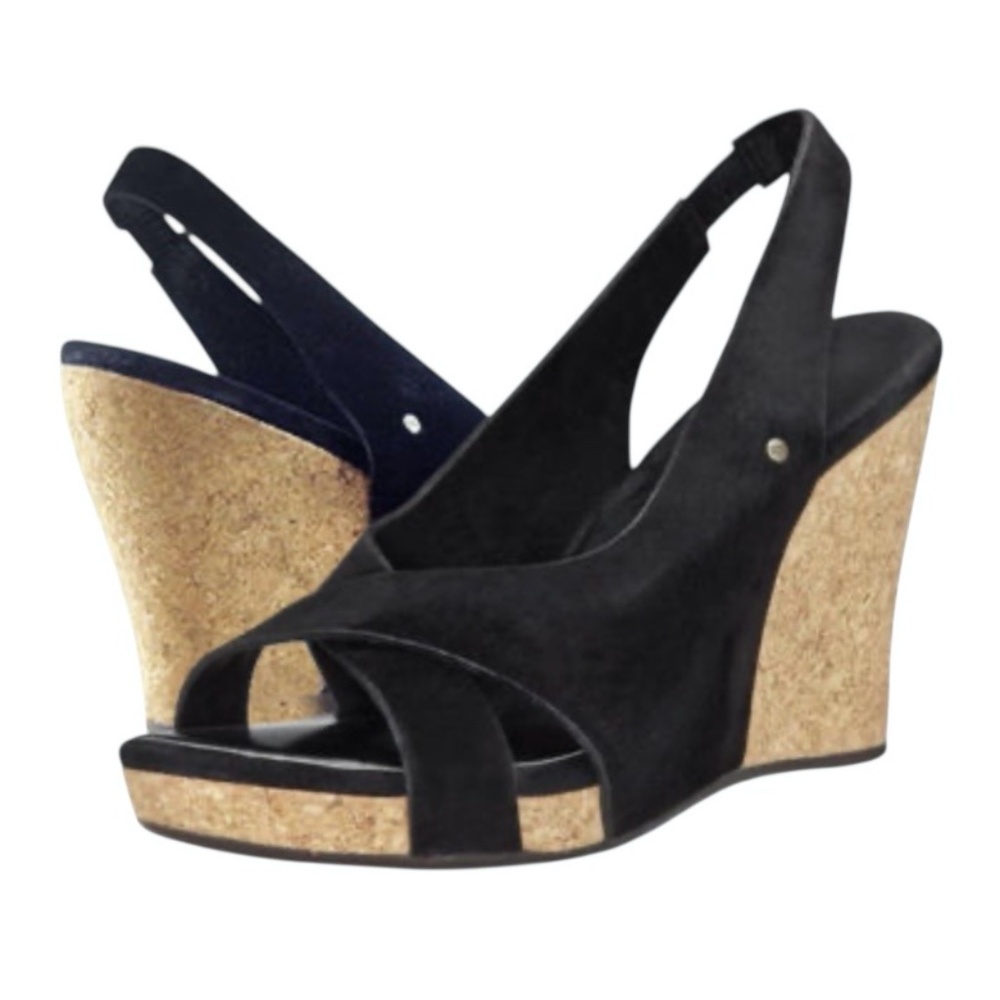 UGG HAZEL BLACK SUEDE & CORK WEDGE HEEL PLATFORM SANDALS
